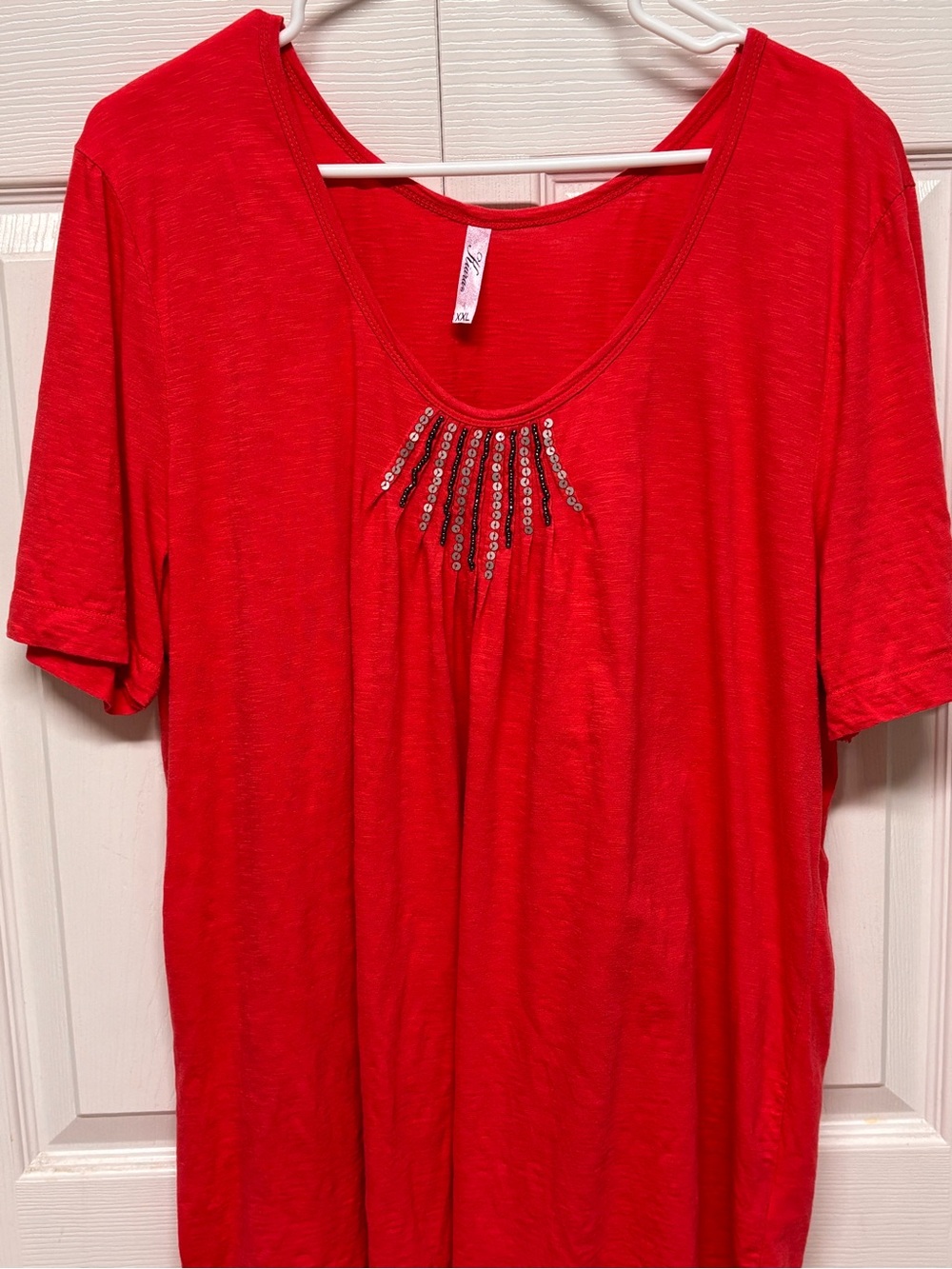 Kiara Red Short Sleeve Scoop Neck Top with Sequin Trim